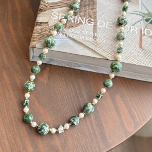 Green Spot Stone Pearl Large Necklace, Dainty Elegant Style for Women Daily Wear & Gifting